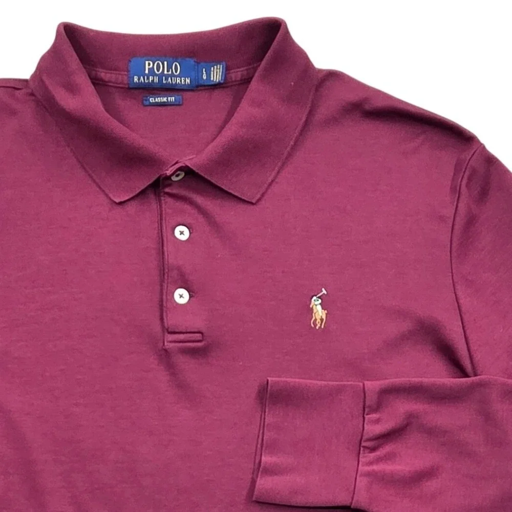 Polo Ralph Lauren Classic Fit LS Polo Shirt Burgundy Flesh Pony Mens Large